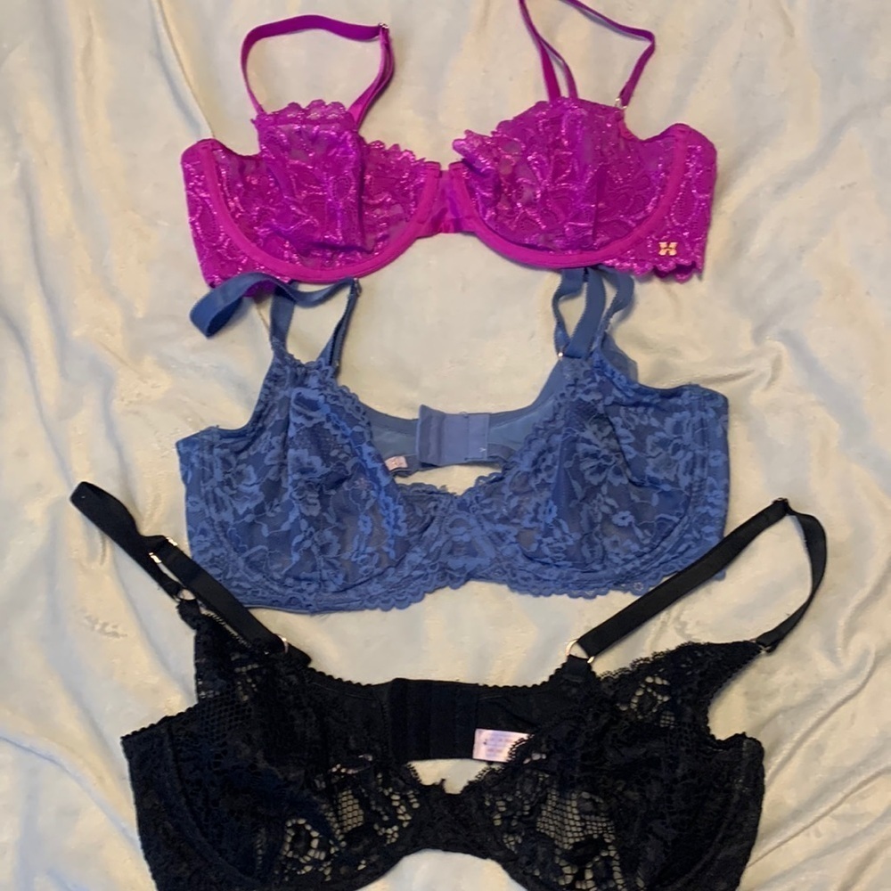 Savage X Fenty lace sheer bra 36DD BLACK DUSTY BLUE Fuchsia shimmer sexy unlined